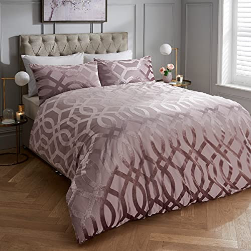 Sleepdown Velvet Jacquard Geo Blush Pink Duvet Cover Quilt and Pillow Case Bedding Set Soft Cosy-Single (135cm x 200cm), Polyester
