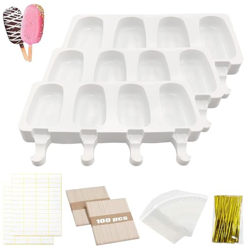 3 Pezzi Stampo per Gelato,Silicone Stampi per Gelato,Stampo Ghiaccioli al Cioccolato congelato Fai da Te,con 100 Bastoncini di Legno,100 sacche di imballaggio,100 legamenti,100 adesivi (B)