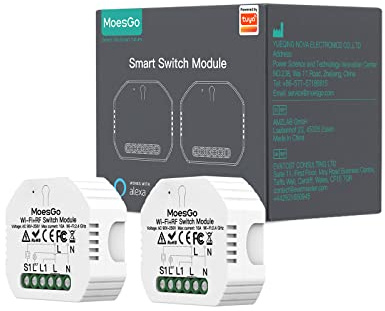 MoesGo Wlan 2.4GHz Smart Alexa Lichtschalter Unterputz Funk Relais, Wireless RF433 Light Switch Modul, Kompatibel mit Smart Life Tuya App, Alexa und Google Home, 1/2 Weg【Neutralleiter erforderlich】