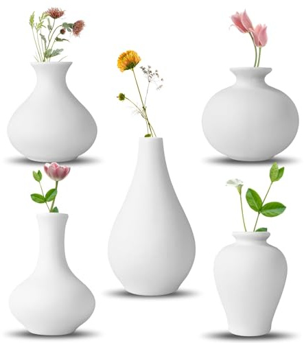Keramikvas-set, 5 vita miniblomknoppar – vas, blomvaser för modern heminredning, dekorativ vas för pampasgräs, vardagsrum, hylldekor, matbord, bokhylla, spiselkrans, entré (vit)