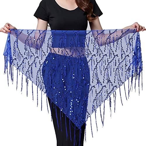 Wuchieal Women's Belly Dance Sequin Triangle Hip Scarf Sequins Mesh Triangle Wrap Skirts Dark blue