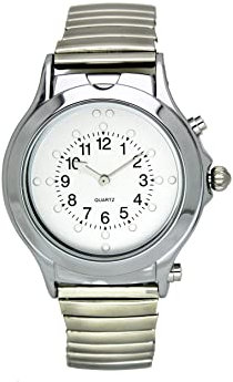 QIATKWH Deutsch Eine Quarzuhr, die berühren und sprechen kann,Silber Legierungsschale, Silber einstellbare Länge Edelstahl Expansionsband