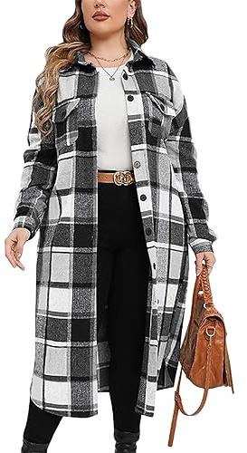 Jhsnjnr Womens Checked Shirts Long Sleeve Button Down Jackets Casual Flannel Plaid Long Shacket Coat