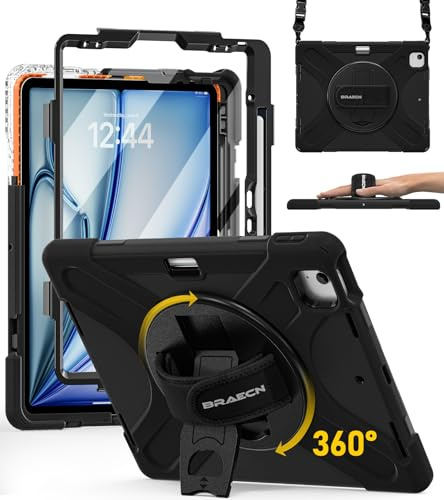 BRAECN para Funda iPad Air Carcasa Rugosa con Protector de Pantalla, Soporte de Rotación de 360°, Correa de Mano/Hombro, Portalápices Negro iPad Air 13 M4 2026/M3 2025/M2 2024-13 Pulgadas