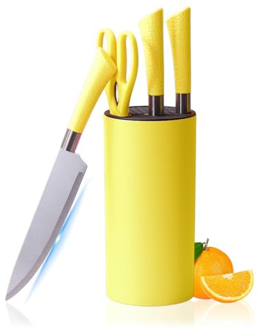 Kitchen Knife Set, 7-Pieces Yellow Stainless Steel Knife Block Set with Sharp Blades, Professional Chef Knife Set with Ergonomic Handle for for Chopping, Slicing, Dicing Cutting (Yellow)