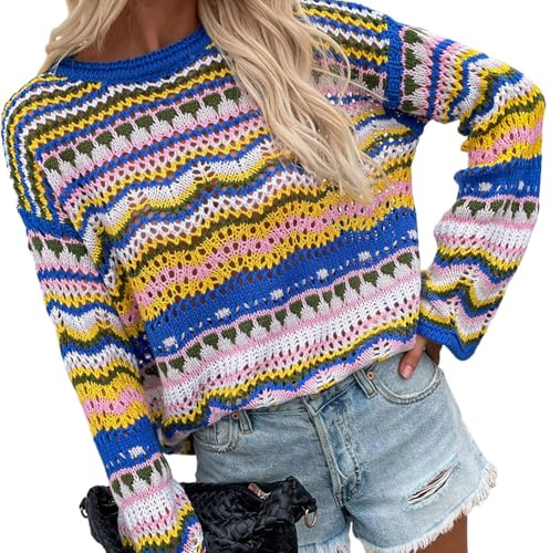 IBAKOM Pull au Crochet Vintage Manches Longues col Rond Rainbow Stripe Pull pour Femmes Haut en Tricot d�Contract� Bleu M