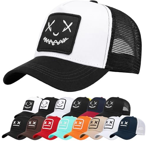 Enwokran Baseball Cap Mens Quirky Bizarre Embroidery Hats Unisex, Hip Hop Trucker Caps Adjustable Mesh Back UPF 50+ UV Protection Summer Sun Hat Sports Cap (A_Black White)