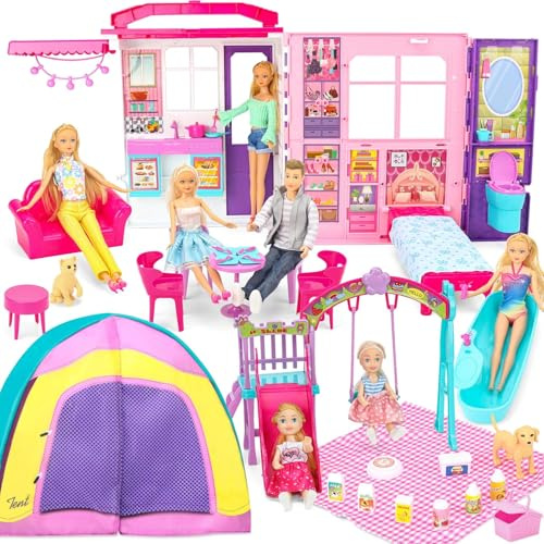 Dollhouse Gift Set for Dolls|Barbie - Grande maison de poupées pliable 6-en-1, de 60 accessoires avec meubles, 2 petites poupées, jeux extérieurs & camping – Coffret portable – Compatible poupées 29cm
