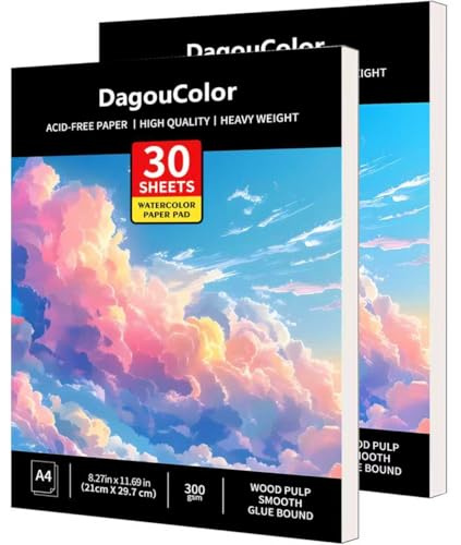 DagouColor Carta per Acquerello, A4, 2 Pack, 30 Fogli Carta da Disegno Libro, 300gsm Acido-Libero Pad per li Artisti Adulti Principianti
