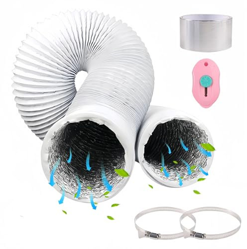 JTgugu Weiß Abluftschlauch ø125mm PVC Abluftrohr Alu Flexrohr 2m Aluflexschlauch Lüftungsschlauch mit 2 Schlauchschelle Edelstahl für Klimaanlage Rohrventilator Wäschetrockner Abluftventilator