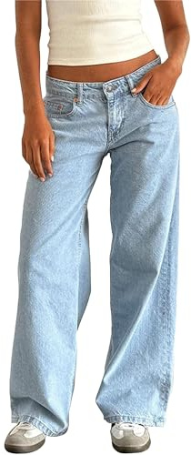 RegaliaKun Vaqueros Rectos para Mujer Y2k de Tiro bajo, Holgados, Estilo Boyfriend, Vaqueros elásticos, Color Azul Claro, Talla pequeña
