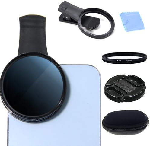 Filtro CPL universal de 52 mm, filtro CPL para cámara de teléfono móvil, juego de objetivos con clip para teléfono móvil, filtro polarizador compatible con iPhone 16, 15, 14, 13, 12, 11 smartphones