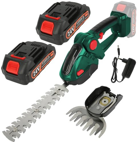 Cortasetos Electrico 2 en 1, Tijeras Cortacésped y Arreglasetos, Cortasetos bateria 24V 2000mAhy Cargador, Herramientas de Jardín, Tijeras de Poda, Tijeras de Césped (Verde, 2-batería)