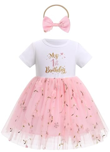 EFOGEP Baby Girl First Birthday Outfit Floral Embroidery Short Sleeve Tulle Tutu Princess Dresses with Bowknot Headband Sets Christening Cake Smash Newborn Photoshoot Clothes Pink 9-12M