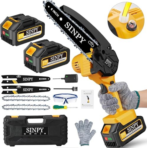 SINPY Mini Motosierra Bateria 2x4000mAh 6 Pulgadas,Motosierra Eléctrica Sierra Electrica Podar Arboles Motosierra Pequeña Auto Lubricado Cadena de Acero al Manganeso de Mano y Engrasador Automático