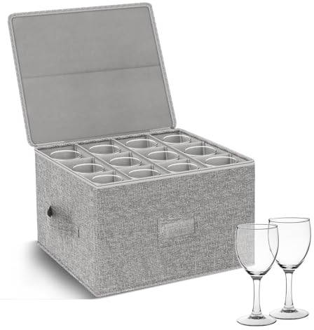 Kukikan Wine Glass Storage Box with Lid, Hard Shell Stemware Container Cases, Packing Boxes for Moving Crystal Glassware, Champagne Flute, for Kitchen, Camping, Motorhome, 12 Dividers for Drinkware