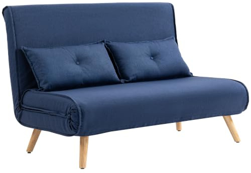 HOMCOM 2 Seater Sofa Bed Click Clack Convertible Bed Settee Dark Blue | Click Clack Bed Settee, Modern Linen Feel Fabric, Recliner Couch, Pillows, Living Room, Bedroom, Guest Room