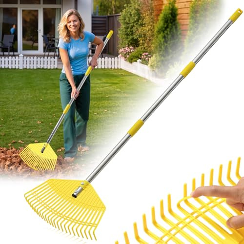 Leaf Rake - 16.5 Wide Nylon Plastic Head,51 Adjustable Stainless Steel Handle,Heavy Duty Gardening Leaves Rake Tools for Garden Lawns,Yard,Shrub,Grass - Lightweight for Women,Seniors & Kids