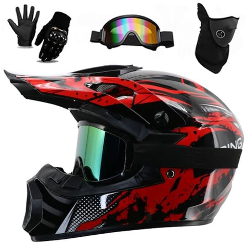Jugend Erwachsene Elektro Dirt Bike Motorrad Helm Set für Jungen Mädchen Quad Bikes BMX MTB ATV Offroad Helm mit Schutzbrille Handschuhe Maske DOT Genehmigt(226 Bright red Storm,L(57-58CM))