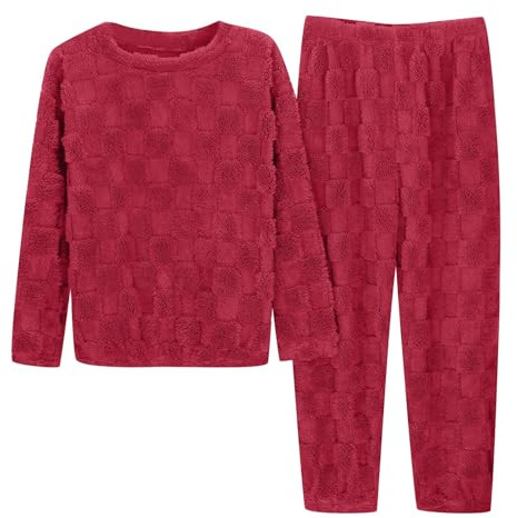 Generisch Pigiama da donna set invernale caldo in pile pigiama biancheria da notte due pezzi con tasche set pigiama soffice taglie forti maniche lunghe loungewear girocollo felpa top larghi comodi, O