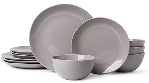ALOFMO Dinnerware Sets for 4, 12 Pieces Stoneware Plates and Bowls Sets, Dishwasher&Microwave Safe,Modern Minimalist Tableware for Everyday Use, Gray