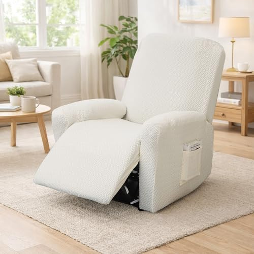 Funda Sillon Relax Reclinable 1 Plaza, 4 Piezas Funda Butaca Elástica Antideslizante con Bolsillos Laterales y Protectores para Reposabrazos, Funda Protectora para Sofá de Televisión (Beige)