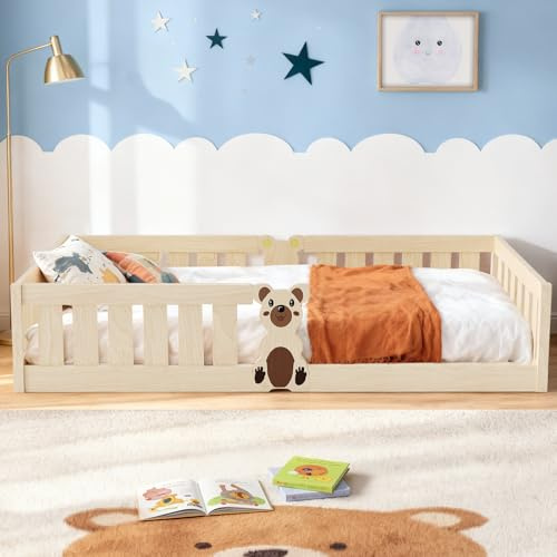 Krovtoy Children's bed 200 × 90 cm, solid pine house bed with safety rail and slatted frame Montessori floor bed kid's bed with a load capacity of up to 200 kg for kids (Natural wood colour)