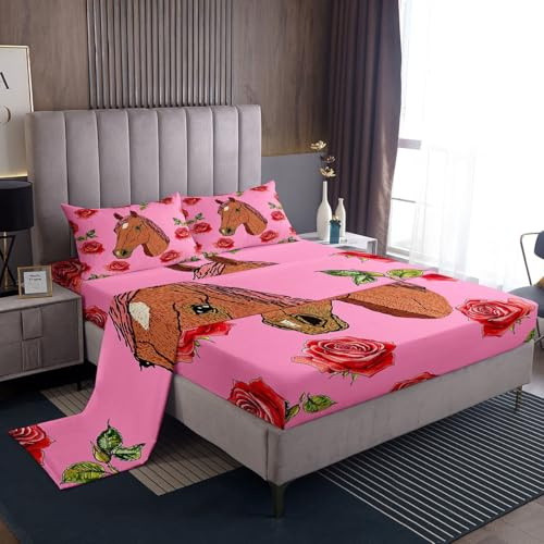 Homewish Juego de ropa de cama con diseño floral de caballo, tamaño doble, color rosa, con estampado de animales salvajes, ropa de cama romántica para decoración de habitación, sábanas bajeras, 4