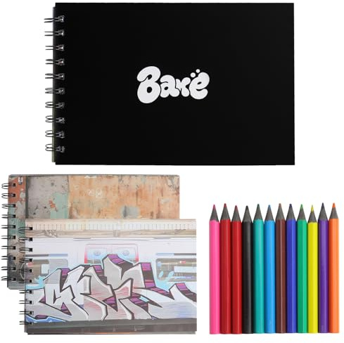 SLIAXINT Set de cuaderno de bocetos Graffiti, papel reciclado de 200 lb, cuaderno de bocetos con motivos 180 imágenes Barebook Graffiti, libro de dibujo urbano con 12 lápices de colores para