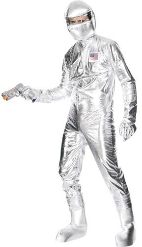 Smiffys Costume homme de l'espace, argent, avec combinaison pantalon, capuche, gants et surbottes Halloween