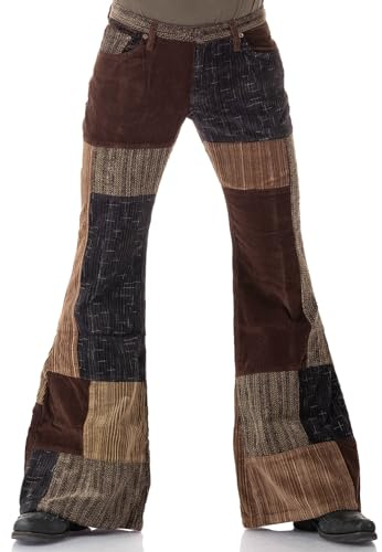 Comycom Pantalon patchwork côtelé marron pour homme style années 70, marron, 34W / 34L