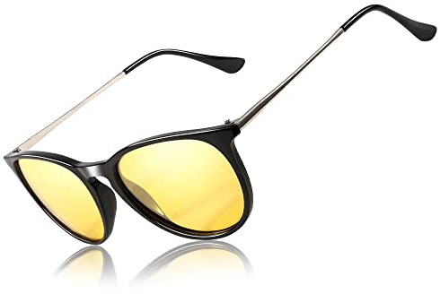 TJUTR Gafas Nocturna Polarizados, HD Gafas Amarilla Anti Reflectante Retro Redondas - Protección UVA UVB (Negro/Amarillo)