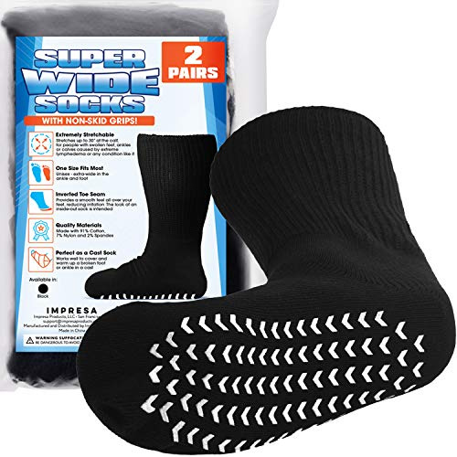 IMPRESA Wide Calf Socks - Super Stretch Fit for Lymphedema & Hospital Socks - Skid-Resistant Comfort for Extra Wide Fit - Unisex Design for Cast Cover - Pack of 2, Black