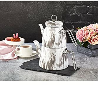 Paci Elite Class Théière Caydanlik Email Turque Blanc Marbré compatible induction