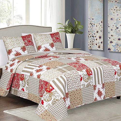 Euromat Tagesdecke Steppdecke Bettüberwurf Gesteppte Tagesdecke mit 2 Kissenbezüge 40x40 cm- (Beige Rot Weiß Americana- J-080, 180x220 cm)