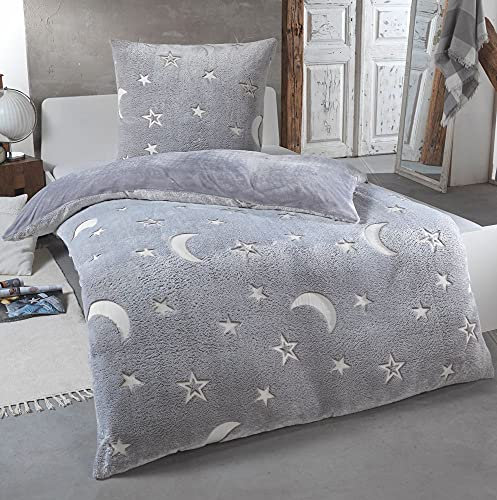 Kuscheli® Teddy Plüsch Bettwäsche 135x200, Sterne Kinder-Bettwäsche die im Dunkeln leuchtet Winter Fleece Set Cashmere-Touch Bettbezug, Farbe:Grau