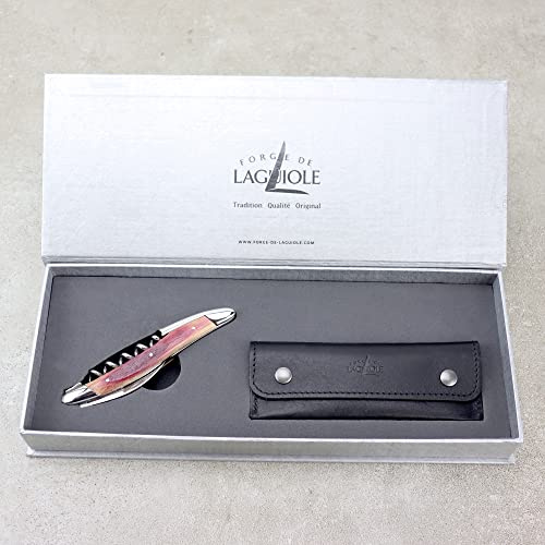 Forge De Laguiole - Juego de cuchillos de camarero (mango de madera de roble brillante, funda de piel negra y gamuza limpiadora)