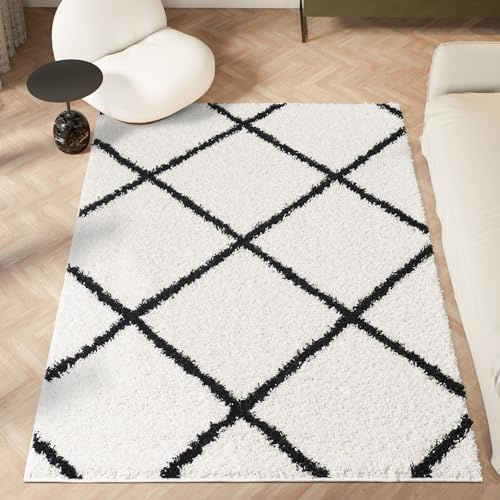 HomeArt Tapis pelucheux longs pour salon, doux et chaud, doublé en losanges pour chambre et décoration, taille S à XL (lignes blanches/noires, 60 x 110 cm)