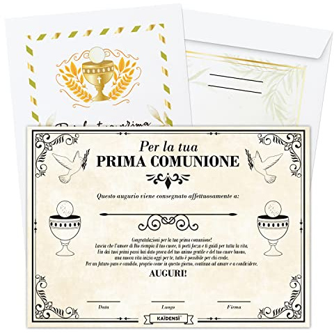 KAÏDENSÏ Prima Comunione Bambino Bambina - Biglietto Pergamena Comunione con Busta Oro XL - Idea Regalo Originale Sacramento