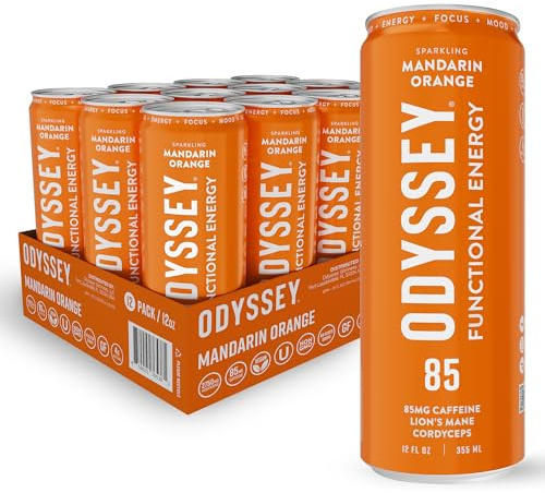 Odyssey Functional Energy Drink for Focus, Cognition & Mood Support 12 Pack - Adaptogenic Drink with 85mg Green Tea Caffeine, Lion’s Mane, Cordyceps, L-Theanine & Ginseng, Sparkling Orange