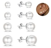 ORAZIO 4 Pairs Pearl Earrings For Women Girls Sterling Silver Pearls Stud Earrings Freshwater Pearl Silver Hypoallergenic Pearls Stud Earrings Set For Women Girls