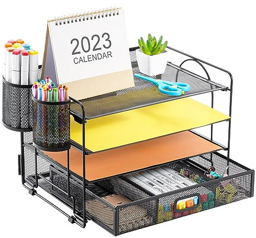 Marbrasse Schreibtisch Organizer Tablett,4 Ebenen Papier Briefablage Organizer mit Schublade und 2 Stifthalter,Netz-Schreibtisch-Organizer für Zuhause Bürobedarf(Schwarz)