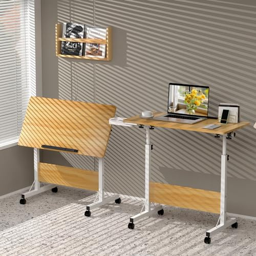 Mesa de escritorio Regulable Altura, escritorio de ordenador plegable con Ruedas, Mesa Abatible de Madera y Acero, para Estudio y Puesto de Trabajo, 80x40x65-88 cm, Beige