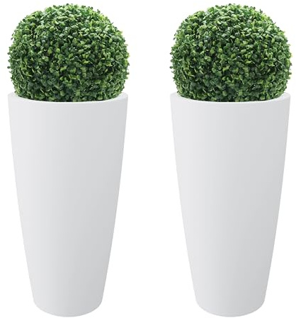 Nicoli Vaso Alto Style 38x85 cm con 2 Pezzi Bosso Artificiale – Vaso Decorativo da Interno ed Esterno in Plastica Resistente – Vaso per Piante con Sottovaso Estraibile – Colore Bianco