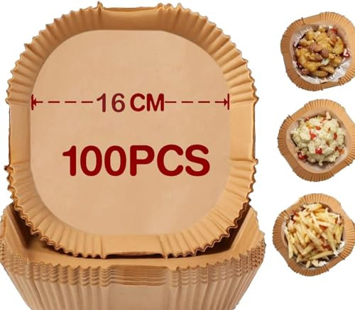 Lot de 100 feuilles de papier sulfurisé pour friteuse à air chaud, revêtement antiadhésif, imperméable et résistant à l'huile, bols jetables pour friteuse à air, four et micro-ondes (16 cm)