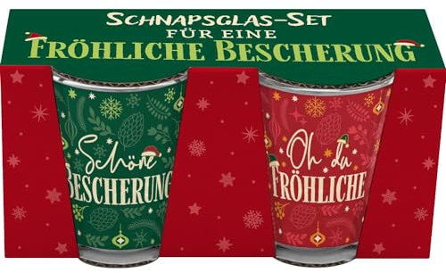 GRUSS & CO Schnapsglas-Set Motiv Fröhliche Bescherung | Geschenkset bestehend aus 2 Schnapsgläsern, je Glas 6 cl, mit farbigem Druck | lustiges Geschenk, Männergeschenk | 51153