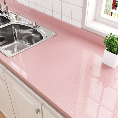 HotDecor Self Adhesive Glossy Pink Wallpaper for Kitchen Worktop Vinyl Covering Blush Pink Wallpaper Vinyl Wrap for Kitchen Cupboards Wall paper Roll Living Room Sticky Back Plastic 60cm x 300cm