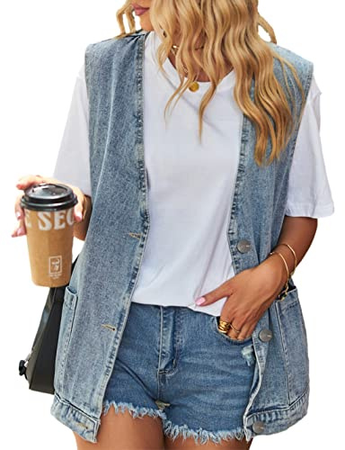Oulivey Gilet in jeans da donna oversize, leggero, senza maniche, con bottoni, senza colletto, Blu, X-Large