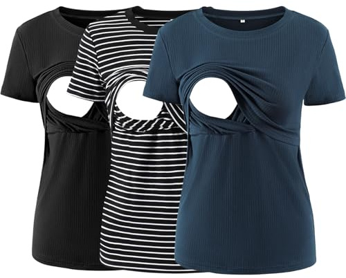 Love2Mi Pack of 3 Women's Nursing Shirts Short Maternity Top T-Shirt Layered Design for Breastfeeding T-Shirts for Pregnant Women, Black/Black White Striped /Royal Blue, L