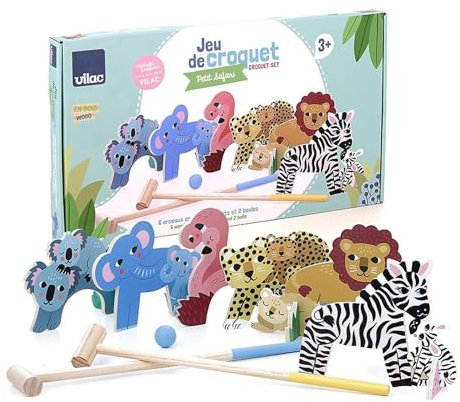 VILAC - Krocket-Spiel Kleiner Safari – Michelle Carlslund – Spielzeug für den Außenbereich – 6 Tierbögen aus Holz + 6 Bunte Holzkeile – Spiele aus Holz – ab 3 Jahren – 8572